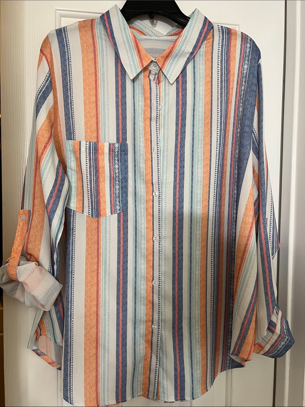 Striped Button-Front Women’s Shirt in Orange, Blue & Cream